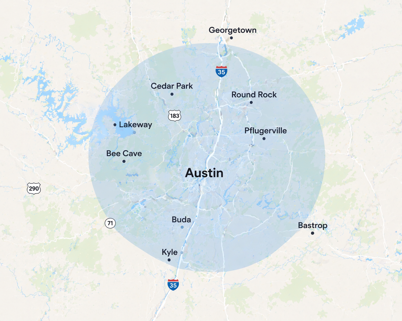 Austin area service map for Sonder Hospice