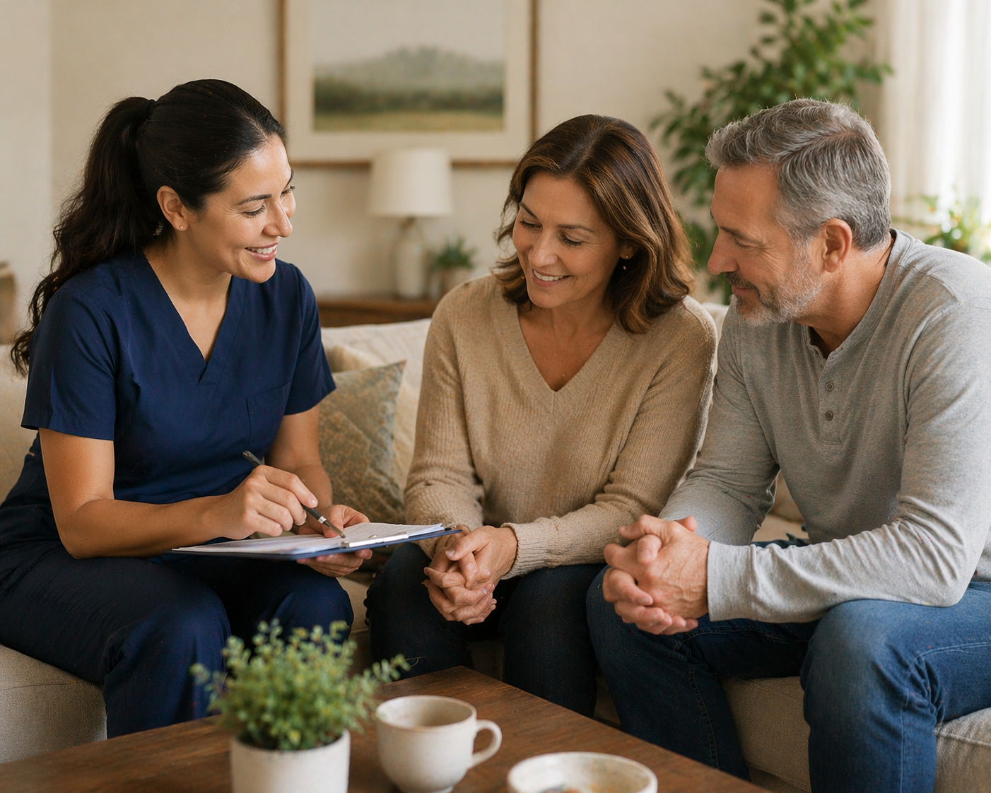 Family meeting with hospice professional in a calm home setting